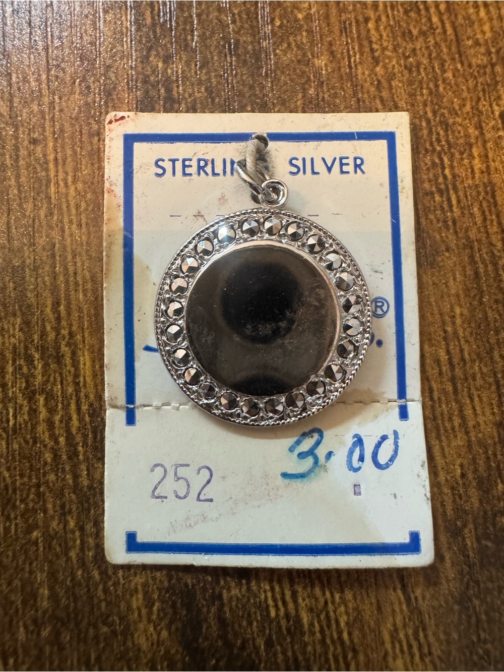 Vintage Sterling Silver Marcasite Round Mirror‎ Pendant NOS Spencer Co Card